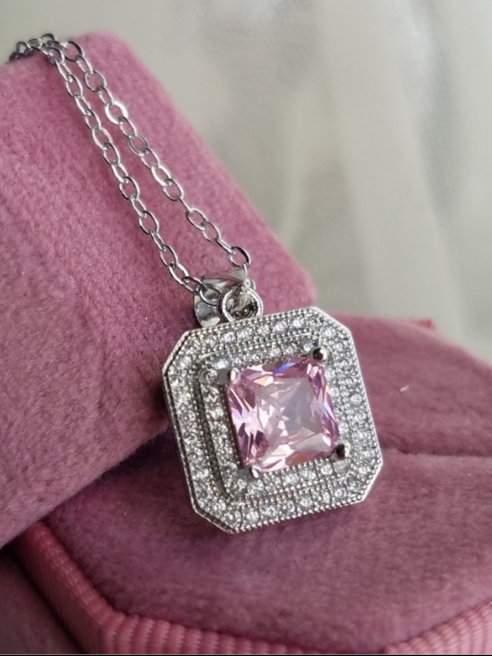 Swarovski Elements 925 Sterling Silver Pink Princess-cut Square Necklace NEW